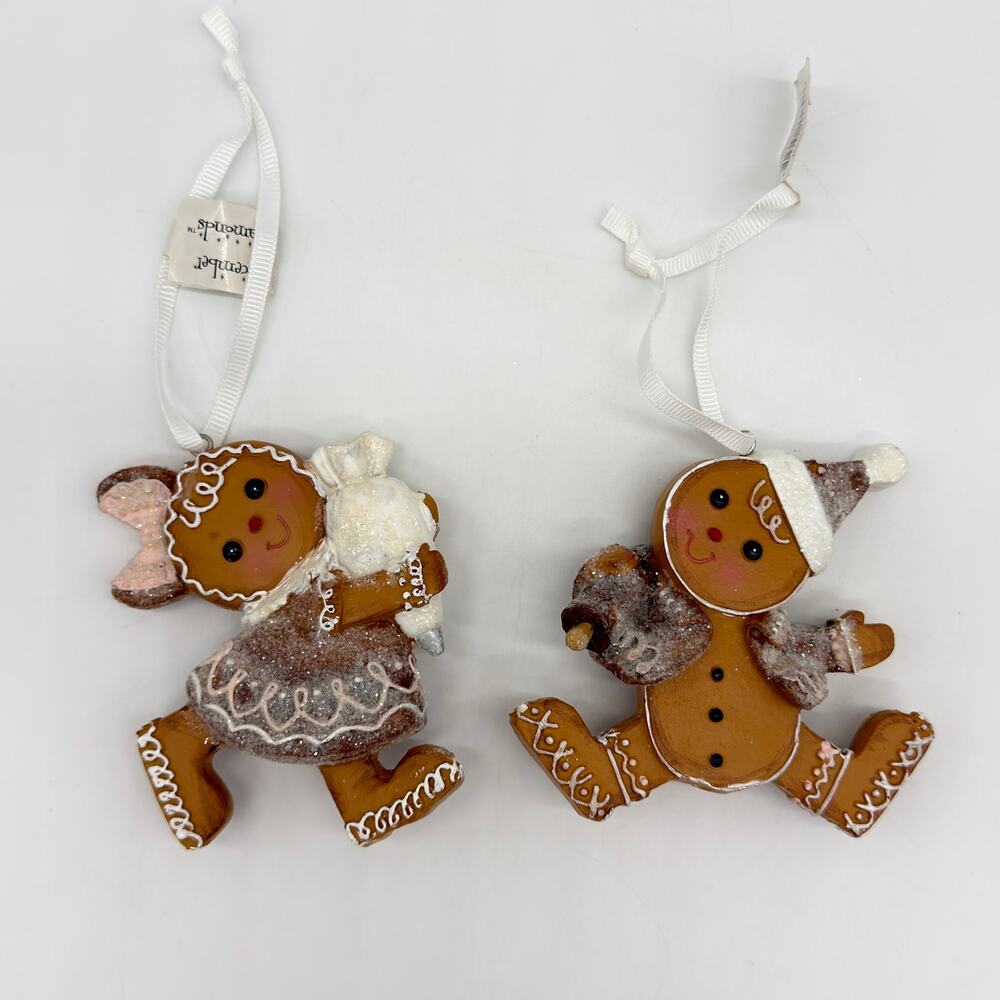 New 2 Pc Set Gingerbread Boy Girl Cookie Ornaments Mrs Claus Bakery Icing Baking